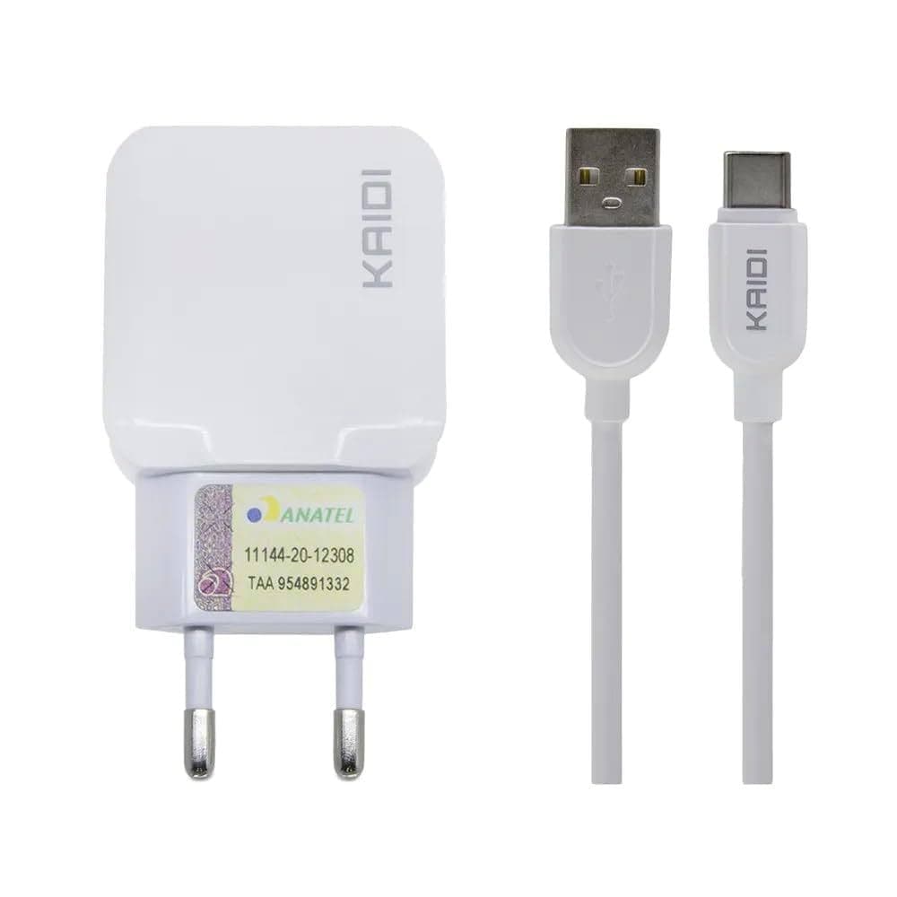 Carregador De Parede Rápido Com Entrada Dupla USB Com Cabo USB/TIPO C KD-301C Kaidi Cor Branco
