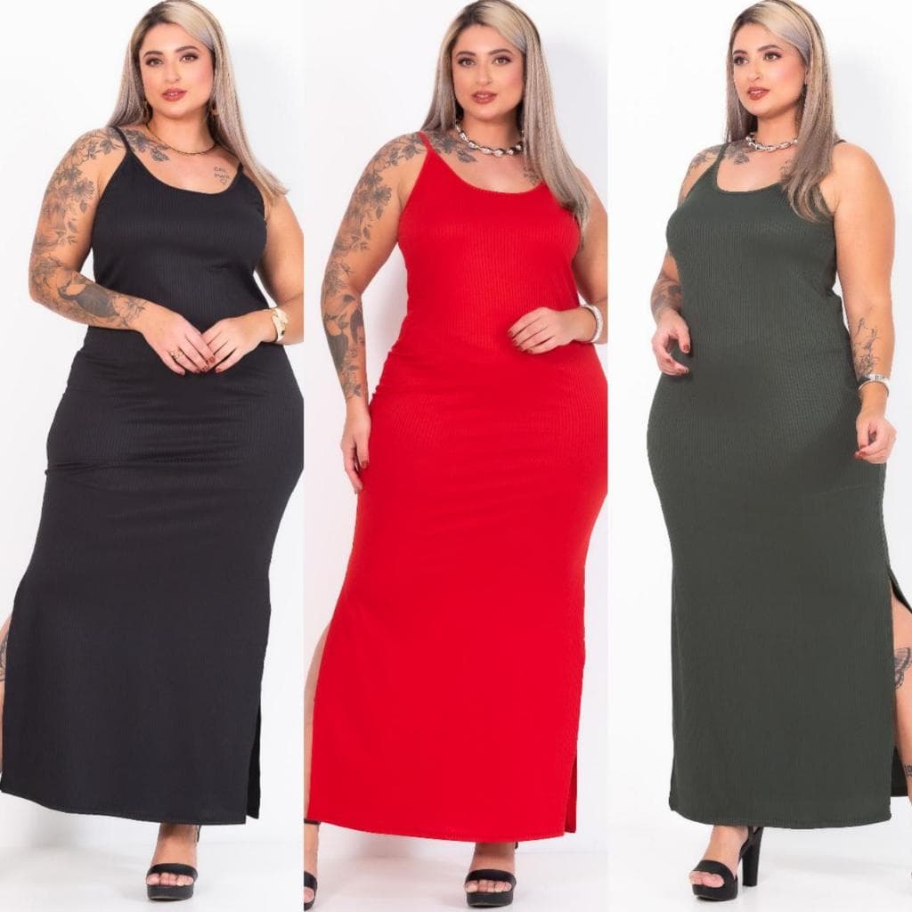 Vestido Alça Liso Canelado Modelo Curvy Plus Size Verão Fenda Lateral Alcinha Longo