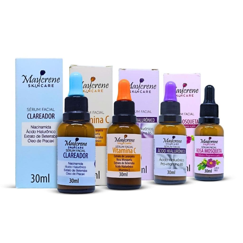 Kit Sérum Facial Skincare Maycrene 30ml - Vitamina C, Clareador, Ácido Hialurônico, Rosa Mosqueta