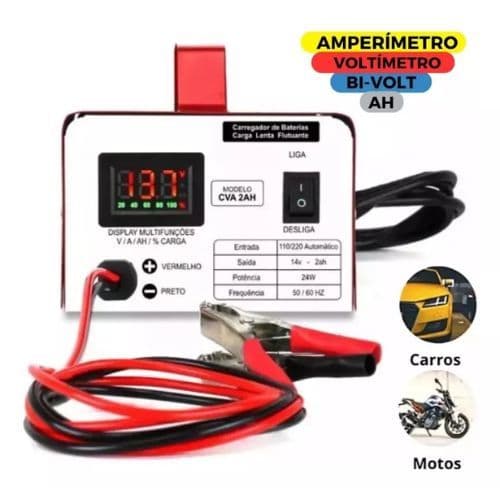 Carregador De Bateria 12v Carro Moto Com Display