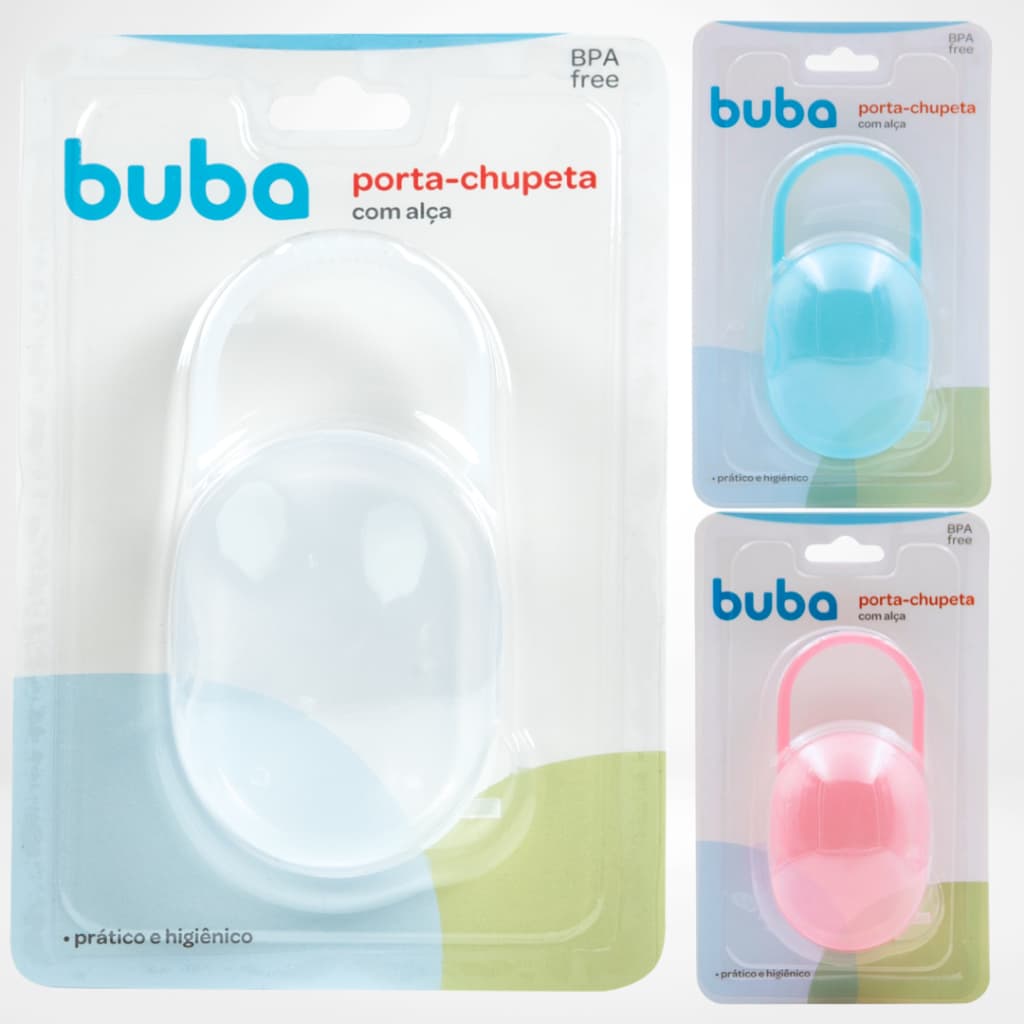 Porta Chupeta de Bebê com Alça Estojo Case Guarda Bico de Plástico Transparente Rosa ou Azul Buba