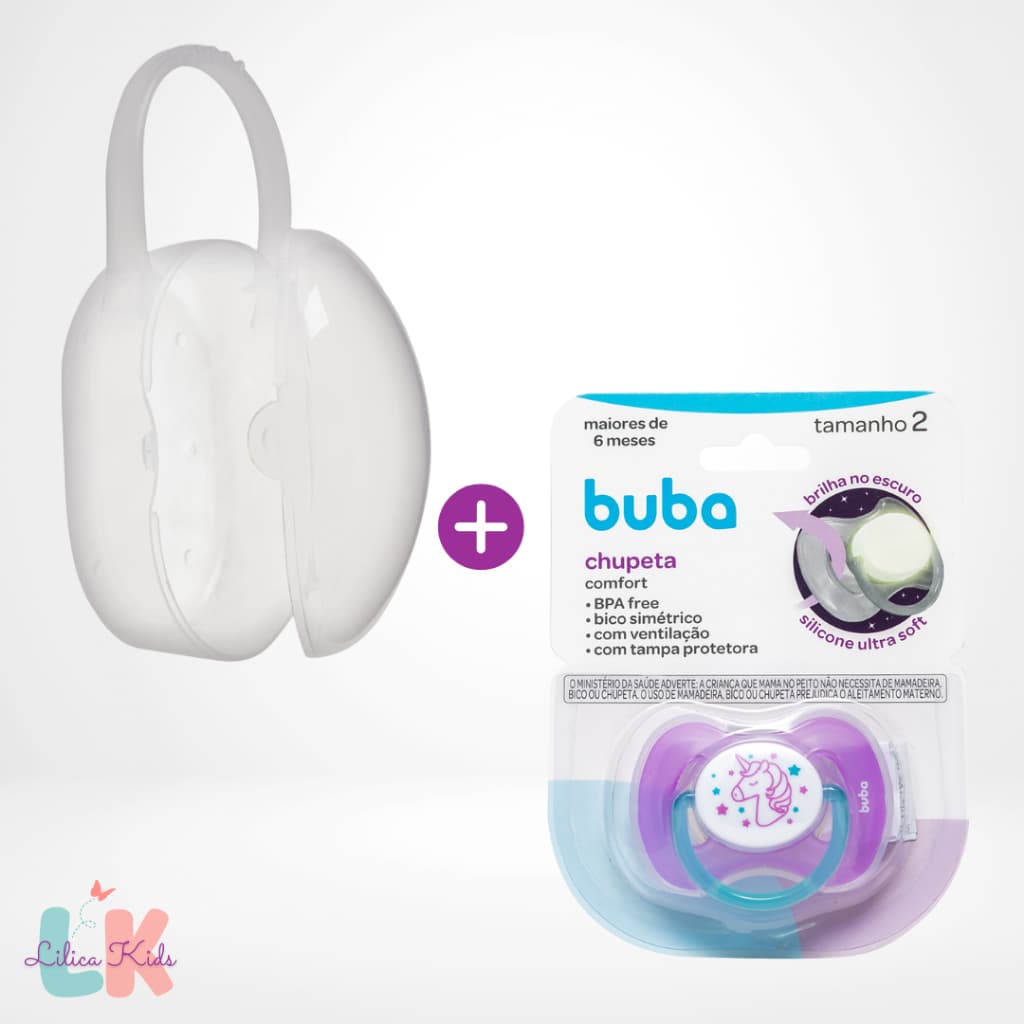Kit Porta Chupeta + Chupeta Bebe Buba - Estojo Case com Alça e Bico que Brilha no Escuro