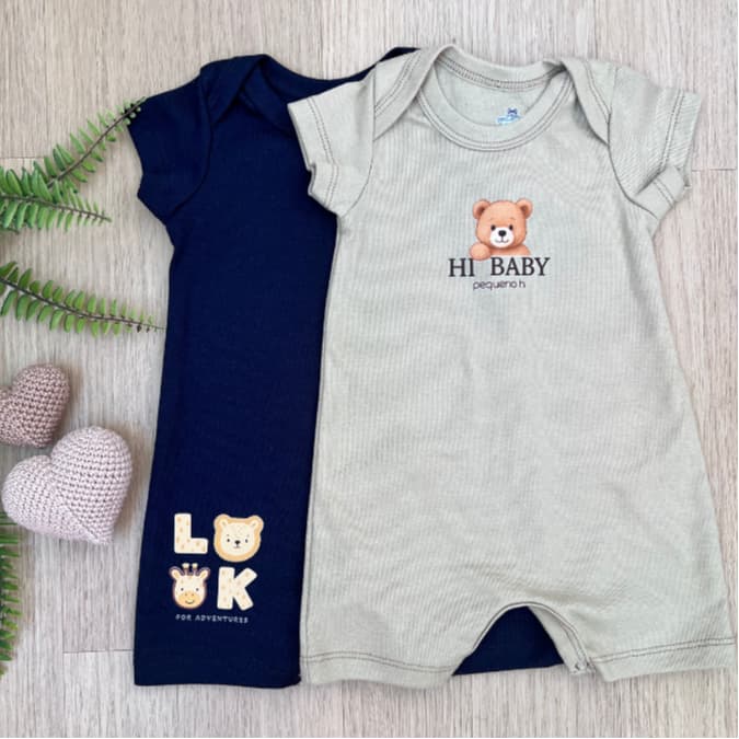 Romper Bebê Macacão Curto Infantil Kit 2 Bordado Menino Menina Manga Curta 100% Algodão