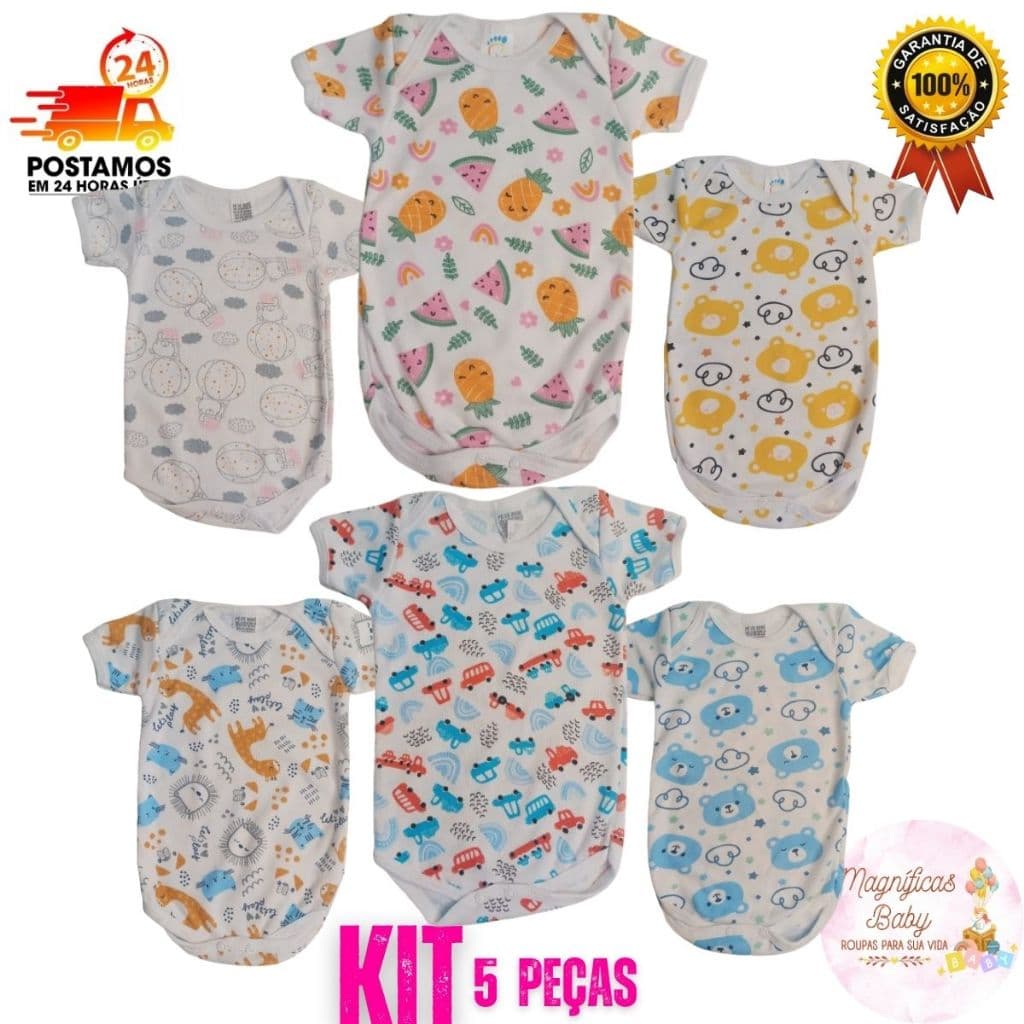 Kit 5 Body Manga Curta Estampado Body Bebê Manga Curta Estampada Kit Enxoval bebê Body Menino Menina 5 ou 3 peças