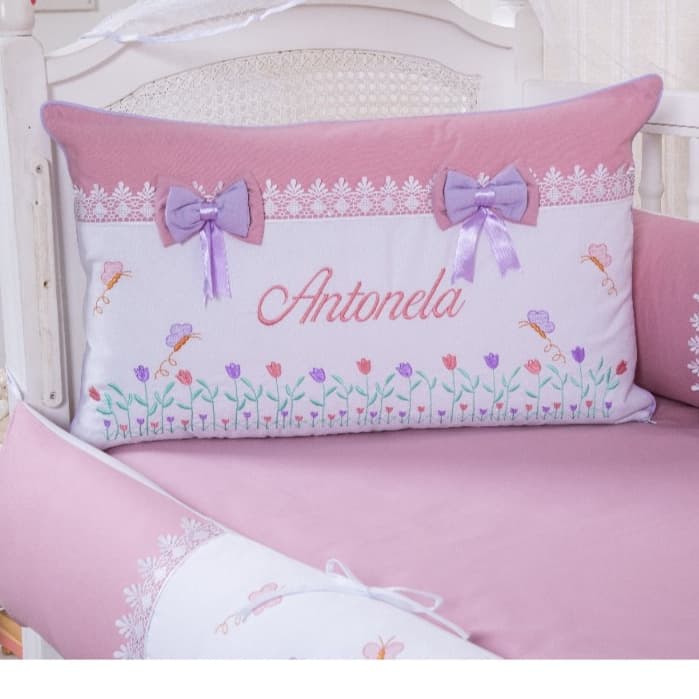 KIT P BERÇO BEBÊ JARDIM ENCANTADO ROSÊ PERSONALIZADO COM O NOME DO SEU BEBÊ - COM SAIA DE BERÇO LUXO
