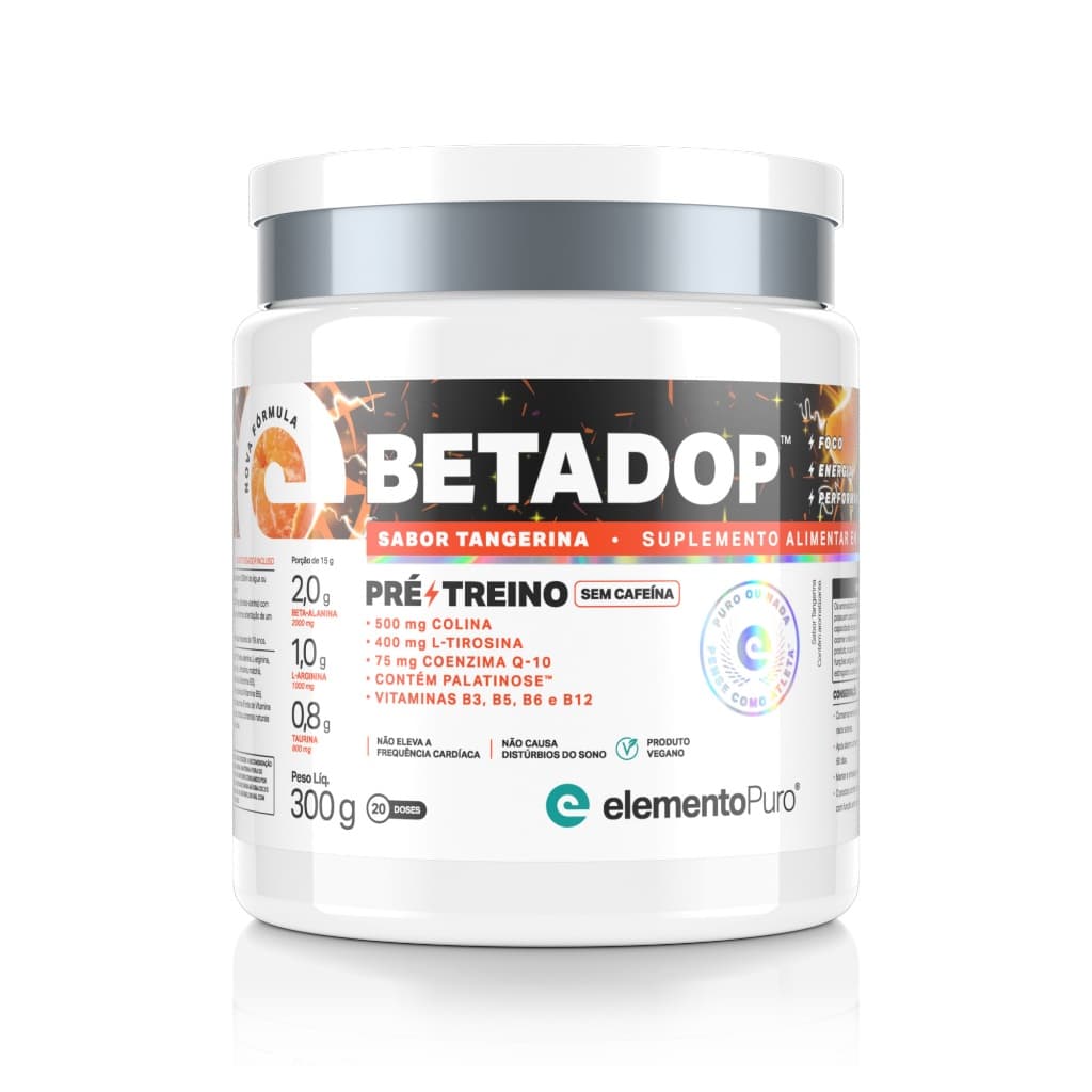 Pré-treino sem Cafeína BETADOP 300g com Vitaminas/Coenzima Q10 Todos os Sabores elementoPuro