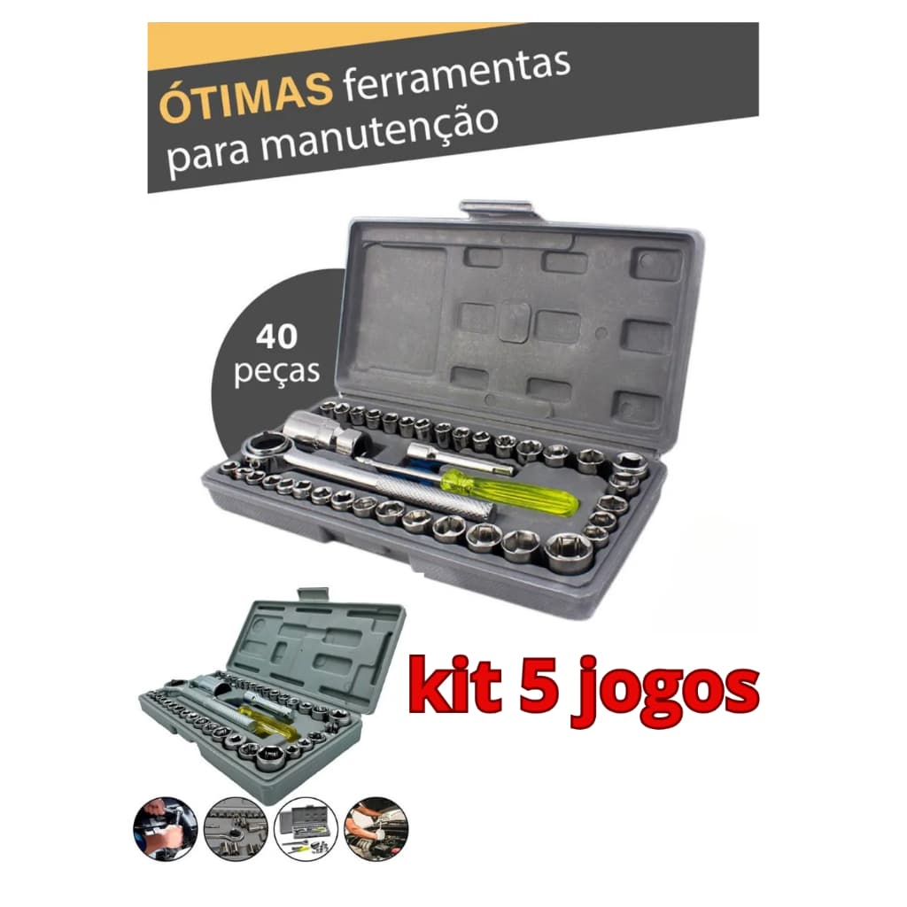 Kit 5 jogos de Ferramentas 40 Peças Jogo De Soquetes Pito Chave Catraca Cor Maleta Prateado