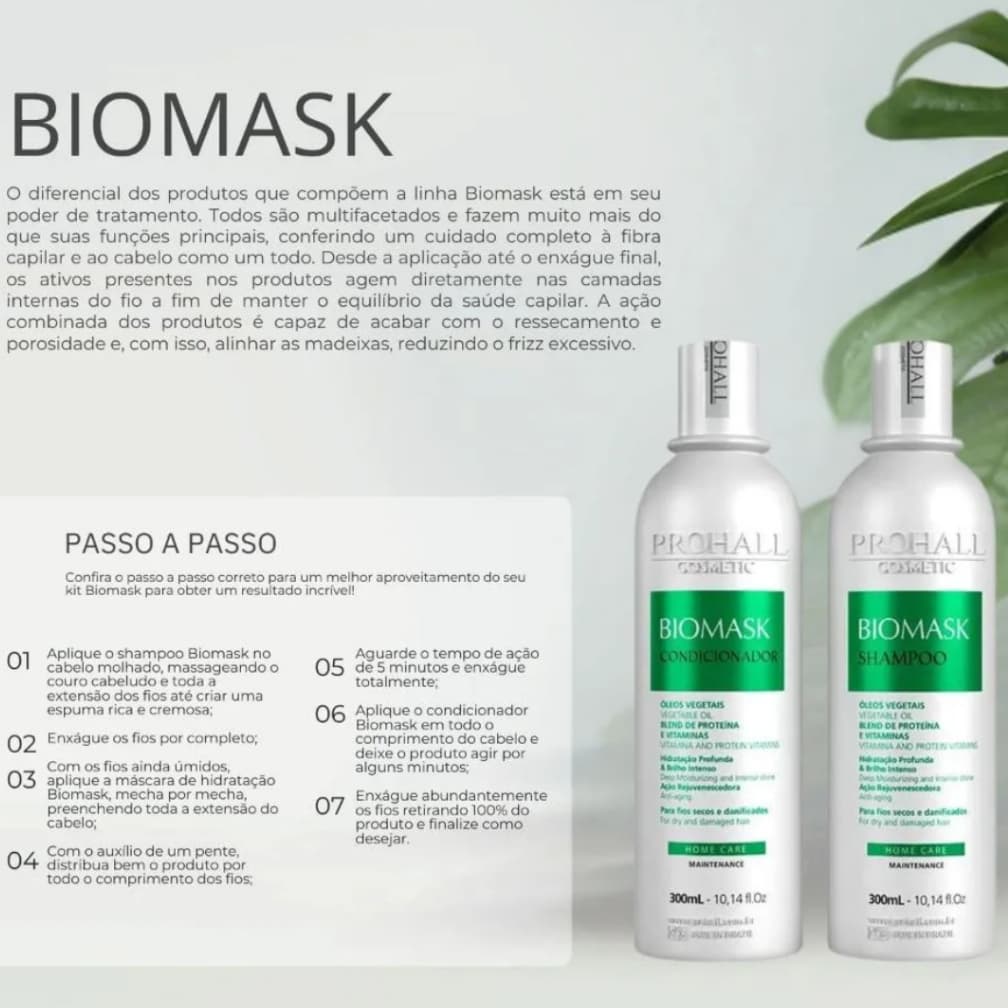 Prohall Kit Shampoo e Condicionador 300ml Ultra Hidratante Biomask Hidratação e nutrição profunda