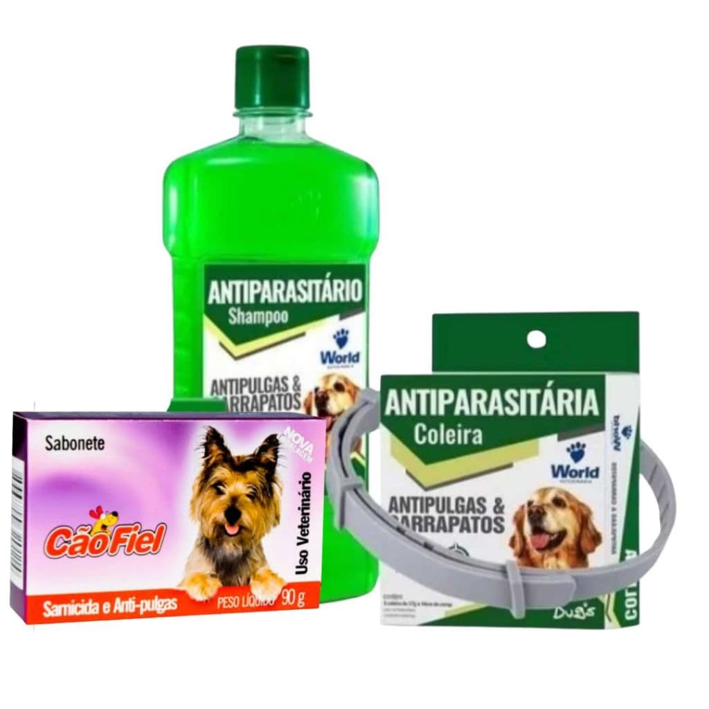 Kit Anti Pulgas e Carrapatos Shampoo Para Cachorro Coleira para Cachorro Sabonete Cães - World Dug's
