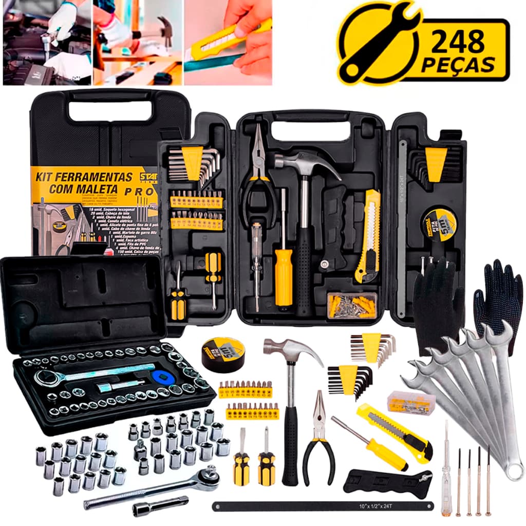 Kit Jogo De Ferramentas 248 Peças Soquetes Catraca Reversível + Chaves Combinadas + Luvas Pigmentada