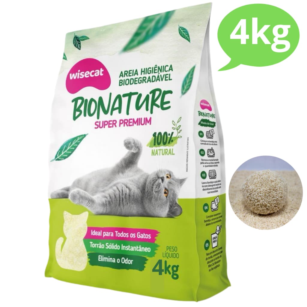 Areia Sanitária Higiênica para Gatos Mandioca Premium Natural Biodegradável Wisecat 4KG