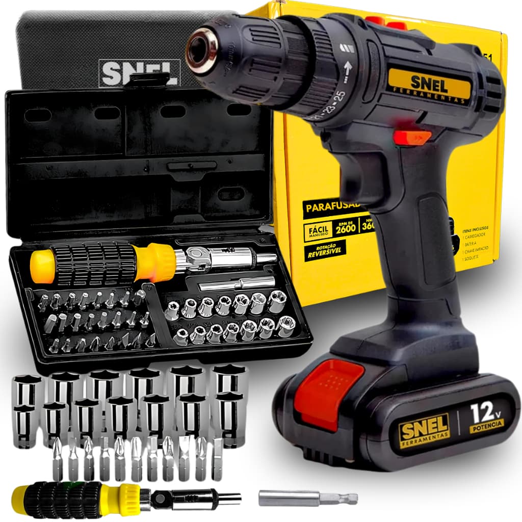 Furadeira Parafusadeira Sem Fio 12v Snel Com Kit Completo Jogo Soquetes 40 Peças Chave Catraca