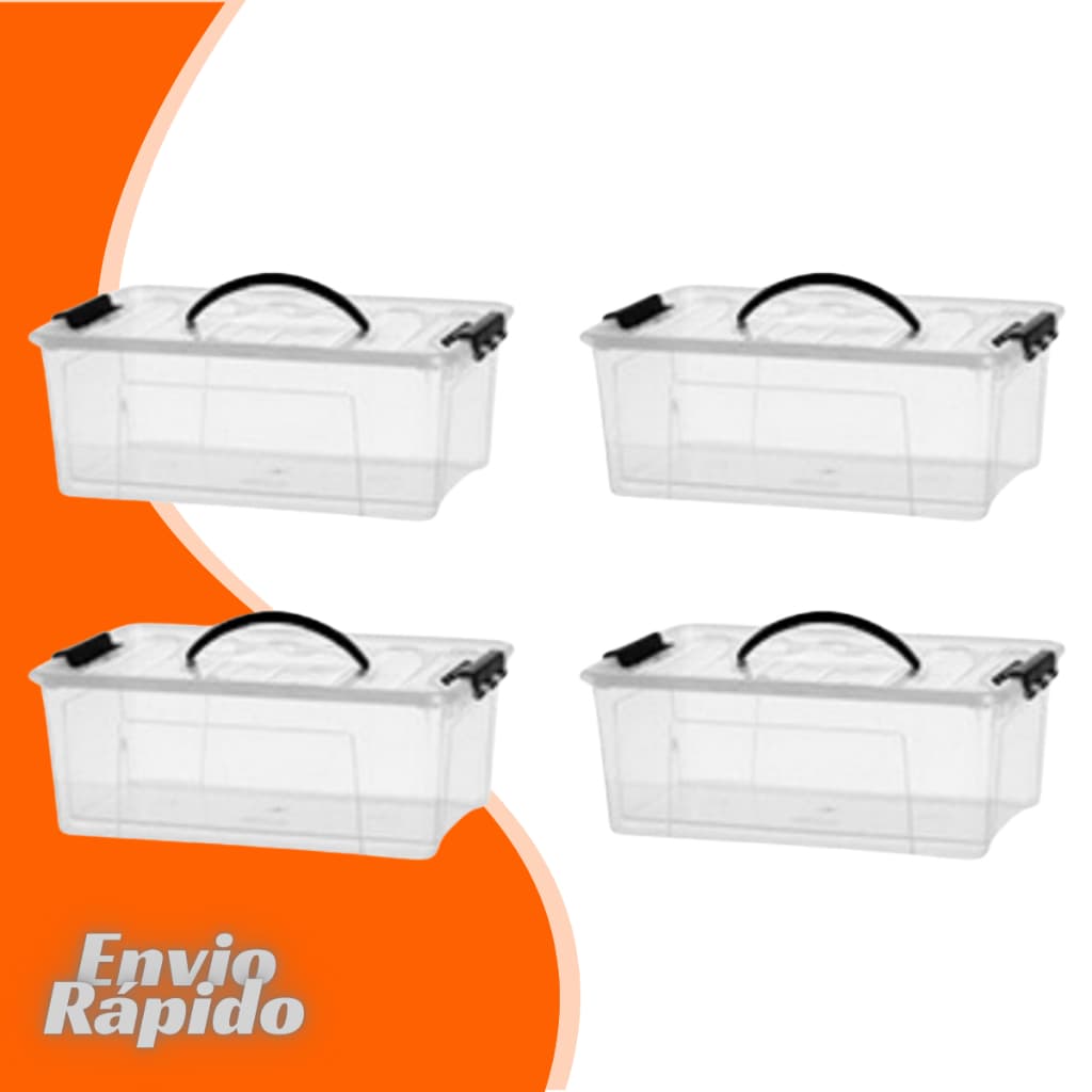 4 X Caixa Container Com Tampa + Trava 7,3 Litros Cesto Multiuso Transparente Escritorio Banheiro 7L