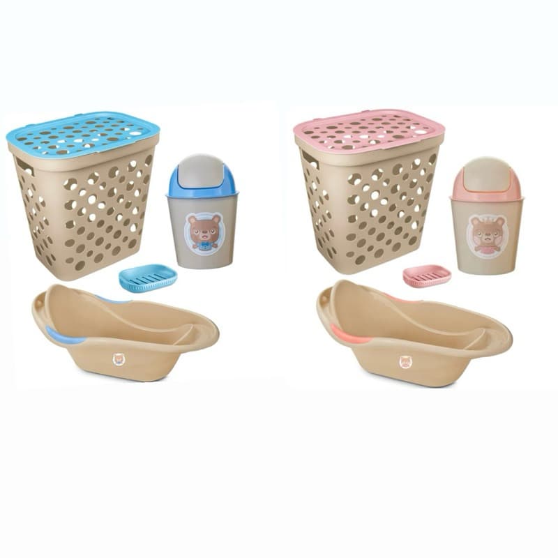 Kit Recém Nascido Cesto De Roupa 30L Banheira 20L Lixeira 3L + Saboneteira Linha Baby