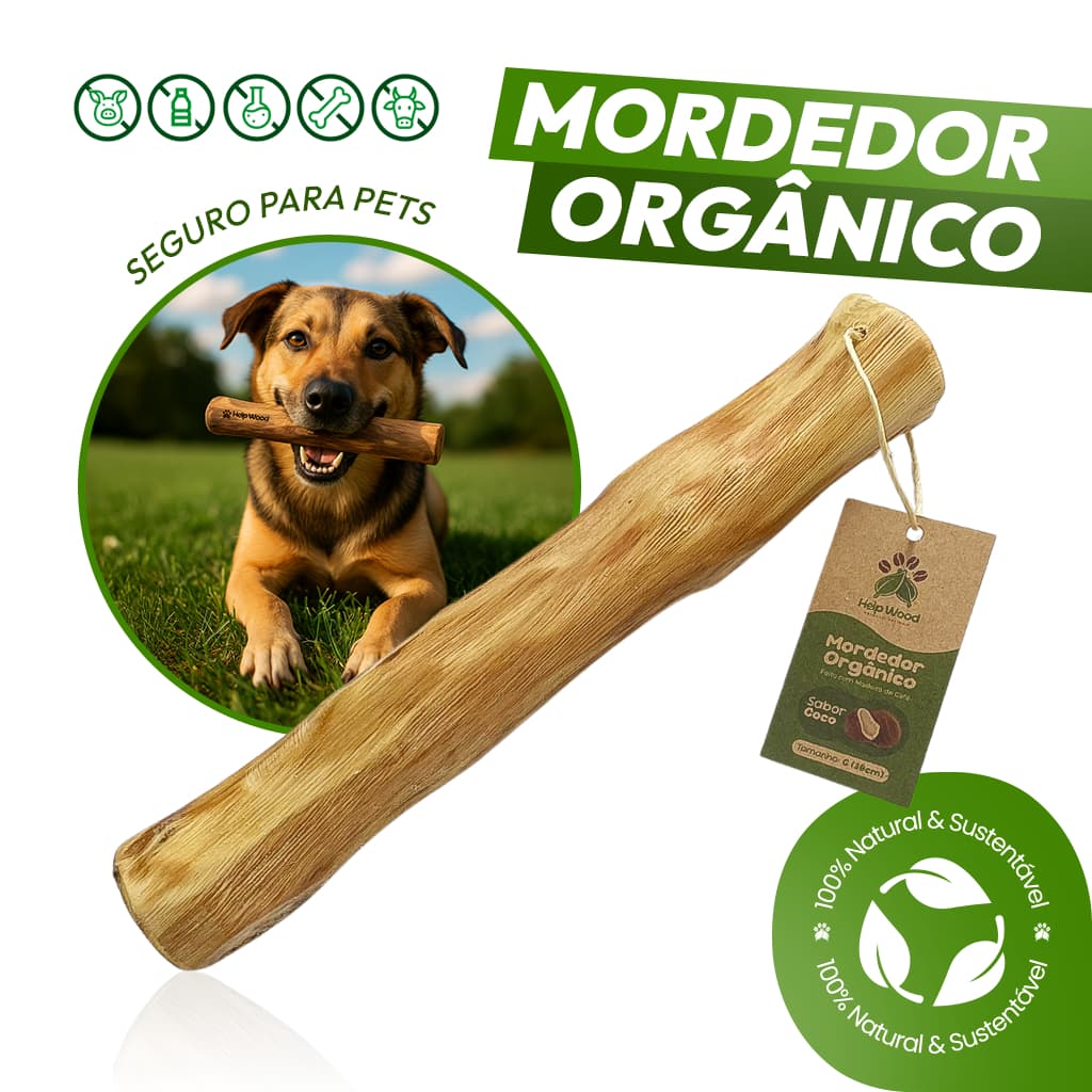 Mordedor para cachorro Sustentável Natural Madeira de Café Sabor Coco Brinquedo Rústico Pet e Cães
