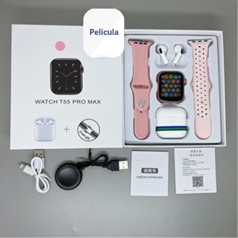 （i12 Fone） T55 Pro Max Smart Watch Com 4 Earbuds Set Hot-sale 2 Alças Bluetooth Chamada De Papel De Parede Personalizado
