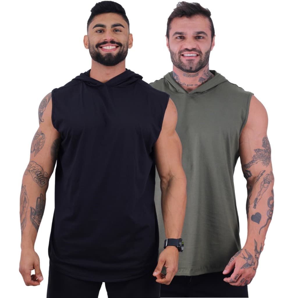 Kit 2 Regatas Machão com Capuz Longline MXD Conceito Academia Treino Musculação Lazer Cor Lisa Preto
