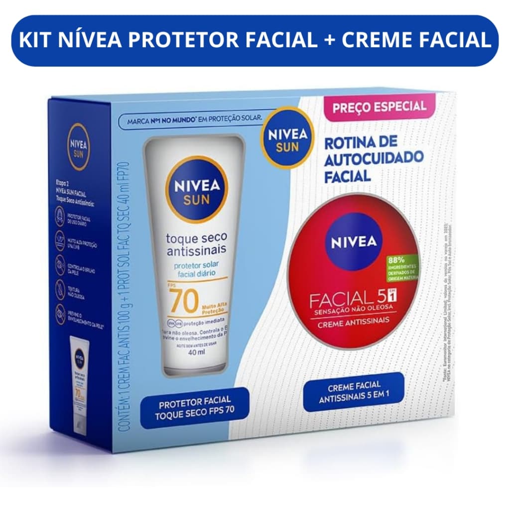 Kit Nivea Protetor Solar Facial FPS 70 Toque Seco Antissinais 40ml + Creme Facial Antissinais 7 em 1 100ml