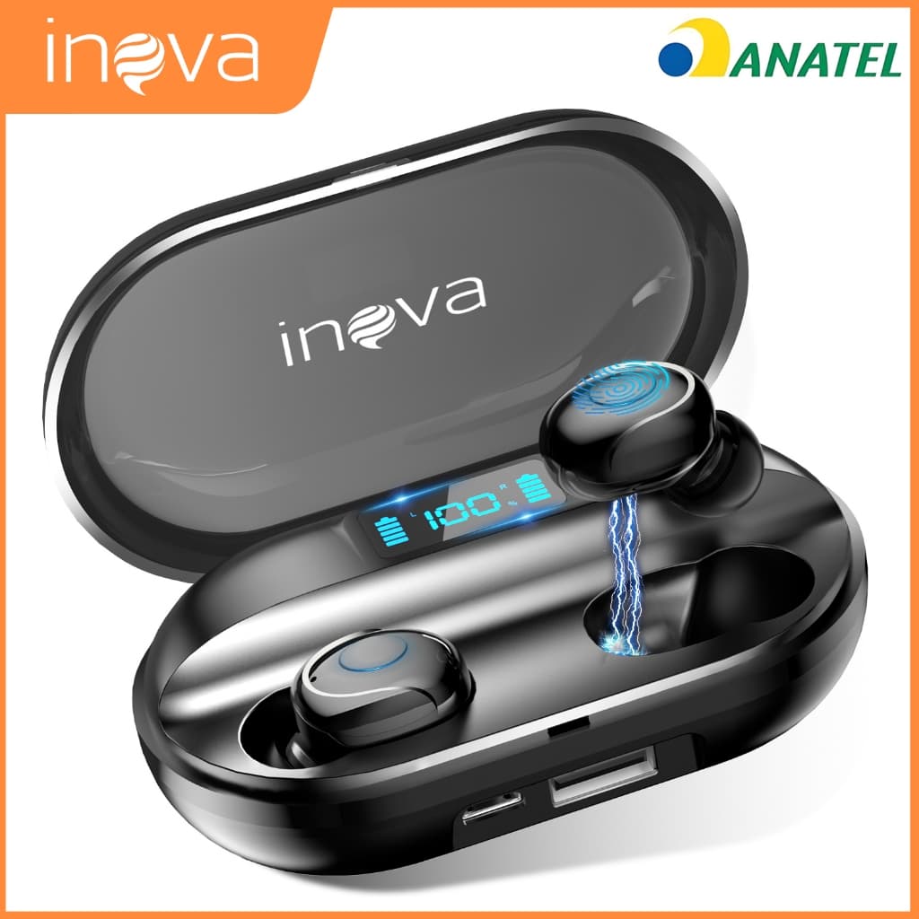 INOVA Fone Bluetooth 5.4 TWS, Cancel. Ruído, 8H Bateria, IPX7, Estéreo 4D - iOS/Android