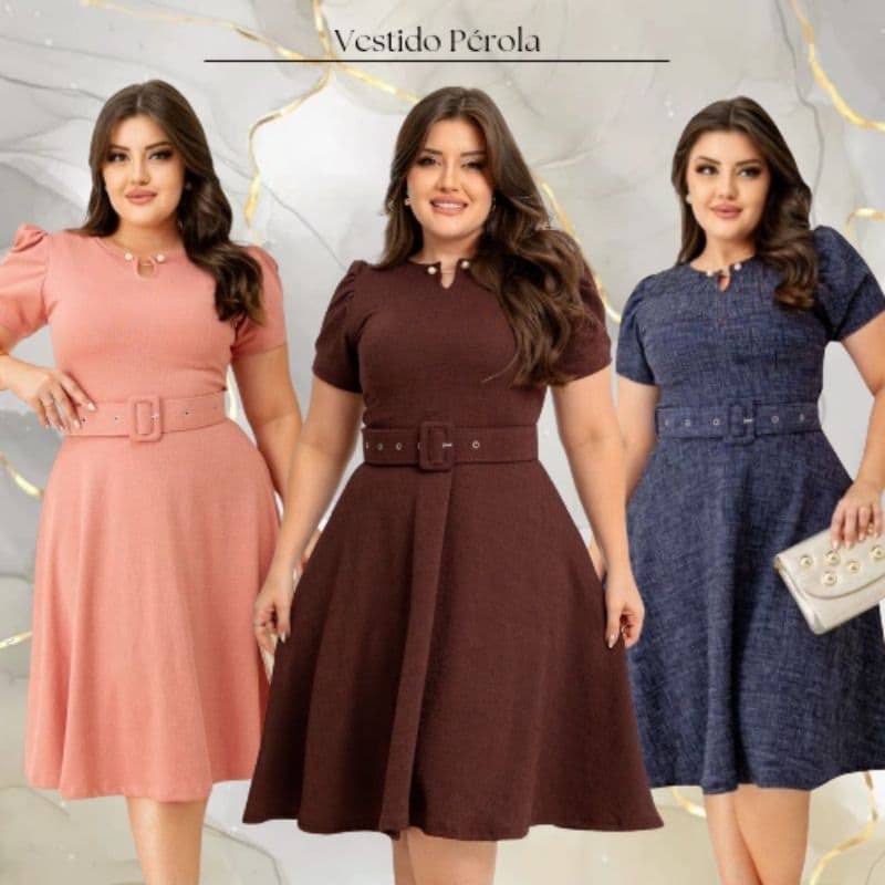 Vestido Godê Pérola com Cinto Várias Cores Moda Feminina P ao Plus Size