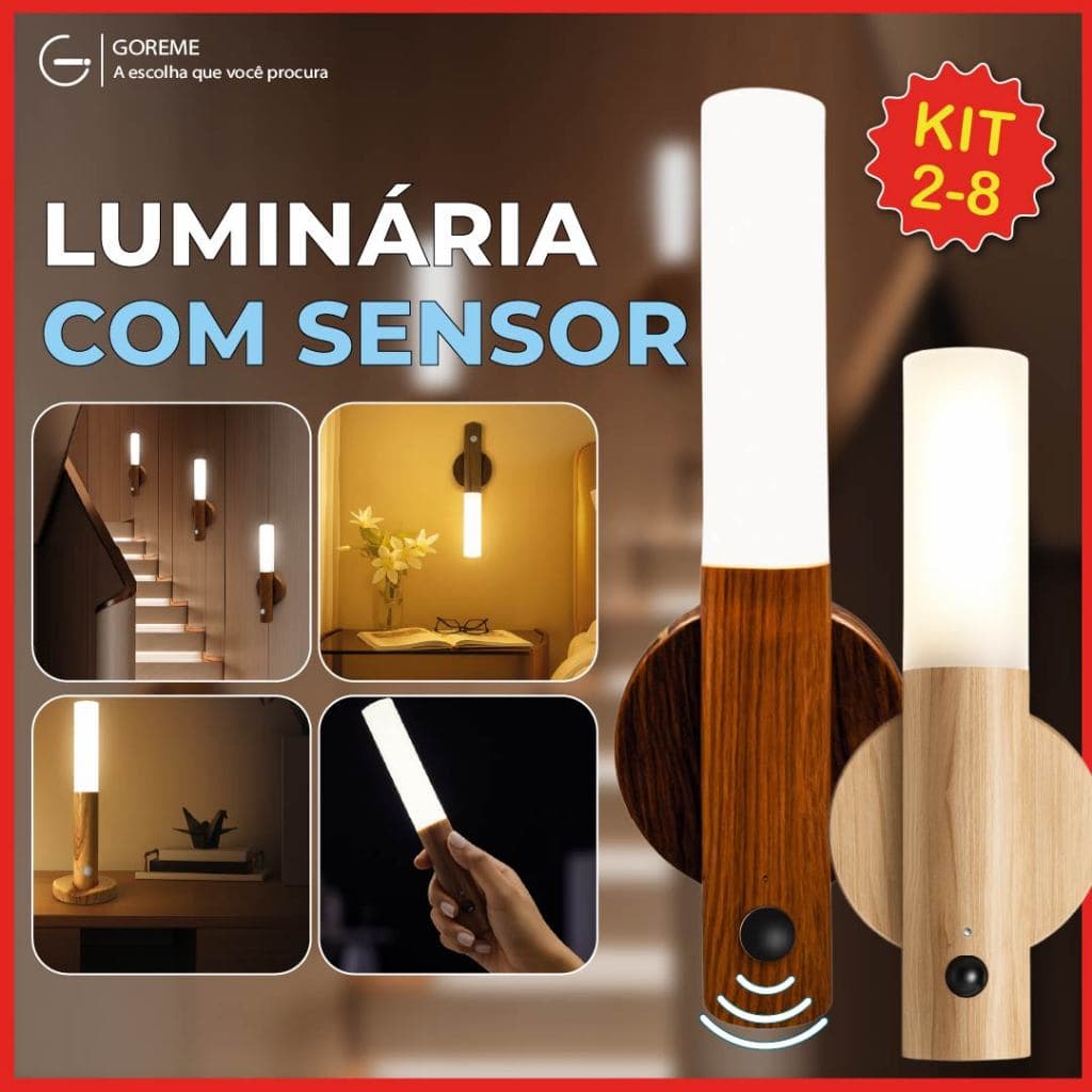 Kit 2-8 Luminária Portátil com Sensor de Movimento Led Moderno Textura Madeira Bastão com Ímã Bivolt