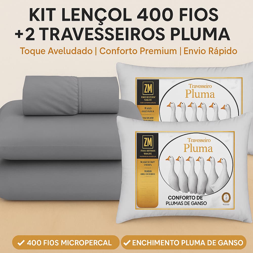 Kit Jogo de Lençol Casal 400 Fios com Elástico + 2 Travesseiros Pluma de Ganso