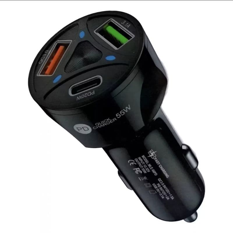 Carregador Veicular Turbo Quick Charge 3.0 USB-C 55W Preto.