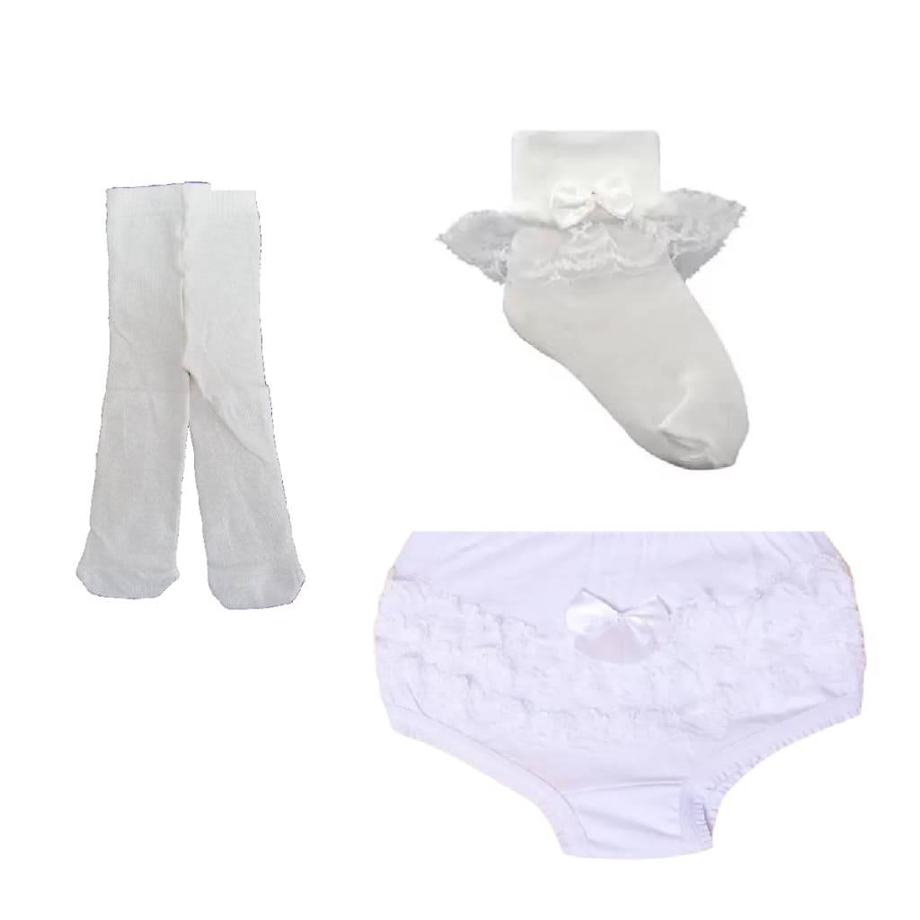 Kit 3 Itens Meia Calça Fina fio 20 Bebe Infantil Meia Soquete branca batizado Luxo e Calcinha Bunda Rica Tapa Fraldas