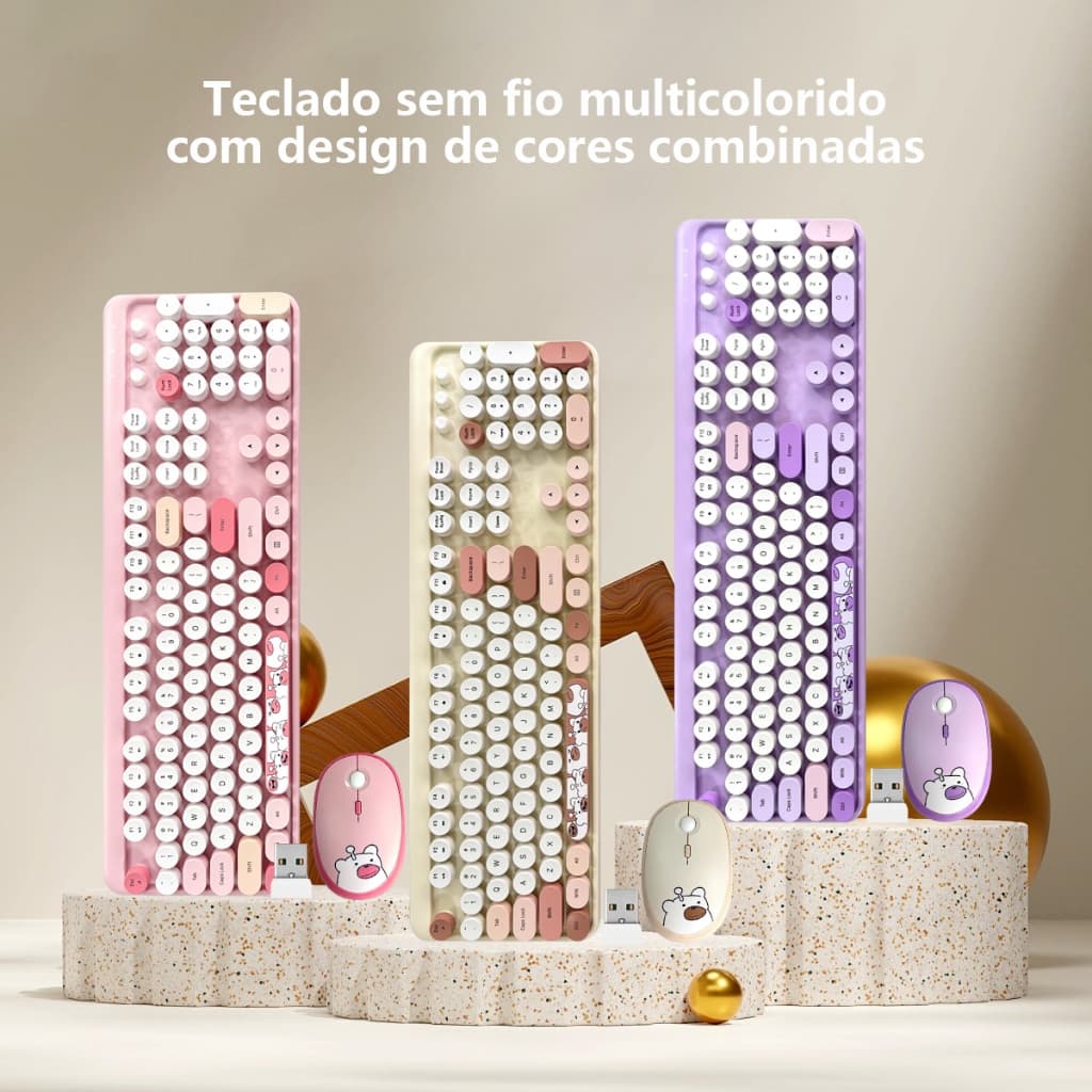 Kit Teclado E Mouse Gamer Membrana Teclas Silenciosas E Retro Colorido Sem Fio Para Pc Computador