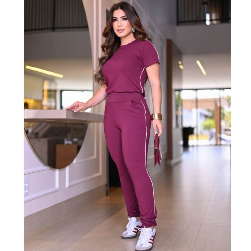 Conjunto Feminino Casual Blusa Calça em Moletinho De Algodão Premium com Listra Academia Fitness Elegante Roupa Feminina