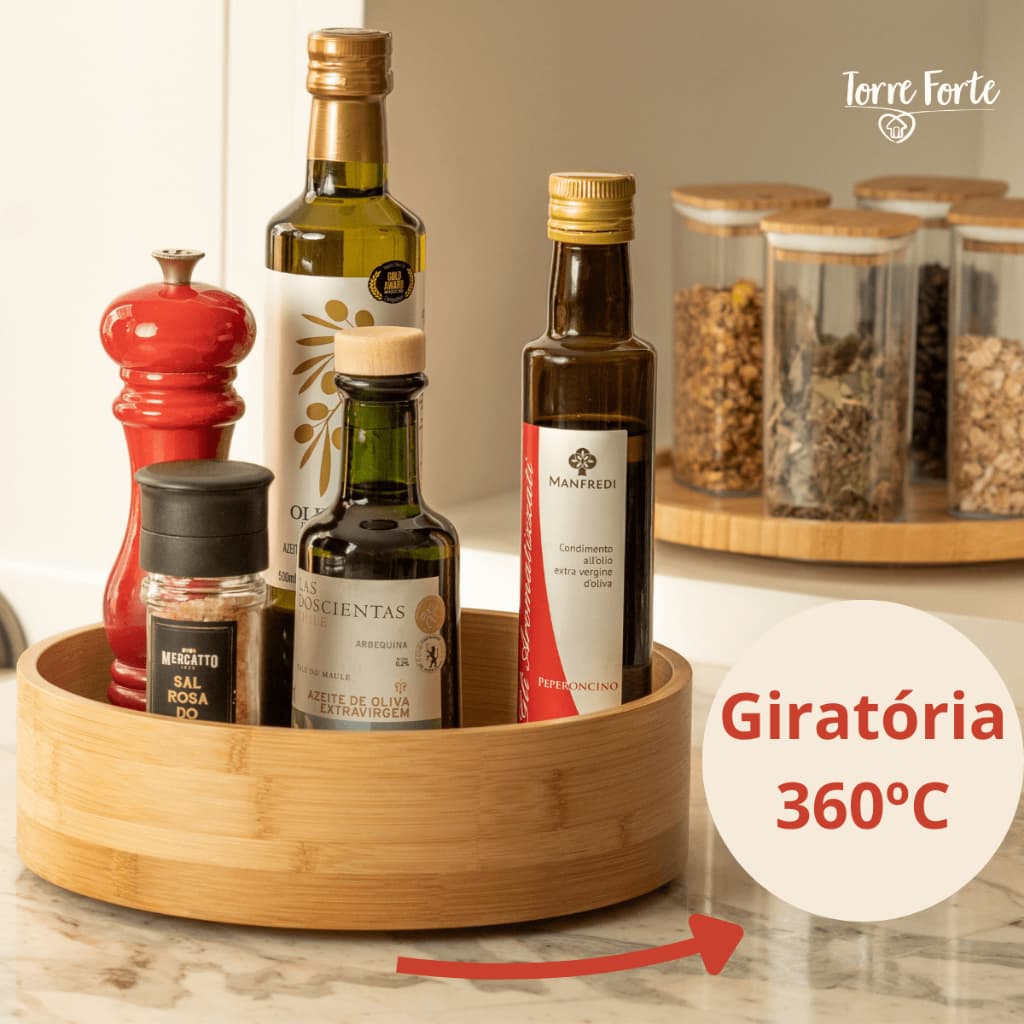Organizador Giratório Bambu Bandeja 25cm Organizador Armário Multiuso