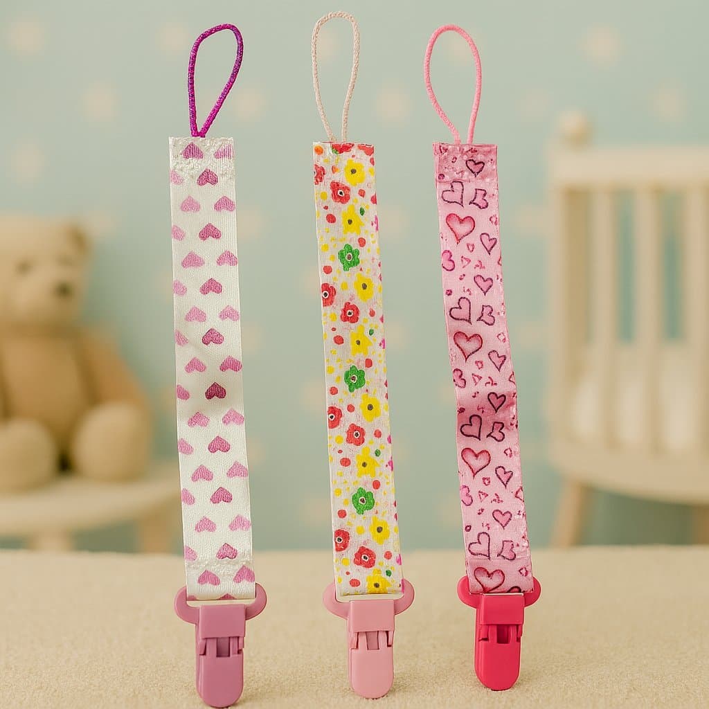 Kit 3 Prendedor de Chupeta Bico Menina com Presilha e Cordão Flor, corações branco e Coração Rosa