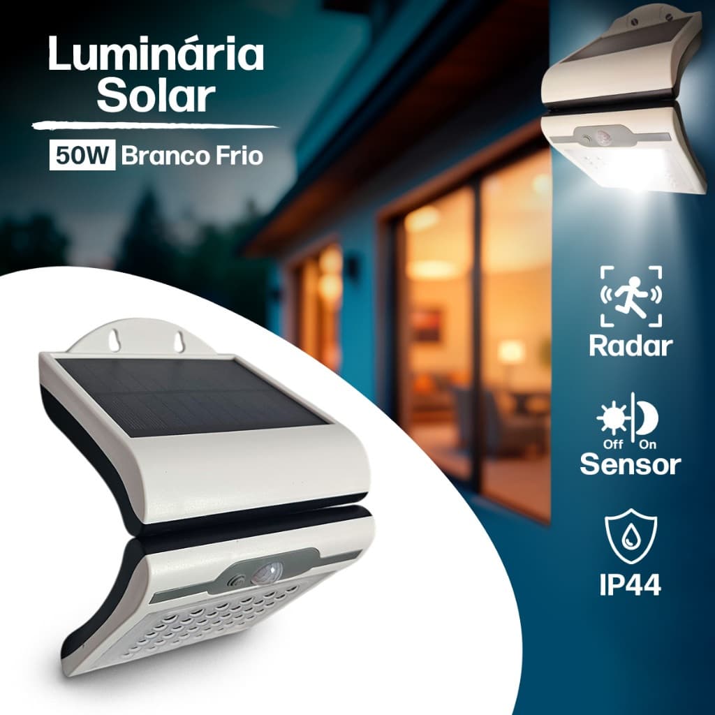 Luminária LED Solar Externa Arandela Jardim 36 LEDs Branco Frio com Sensor de Movimento de Parede