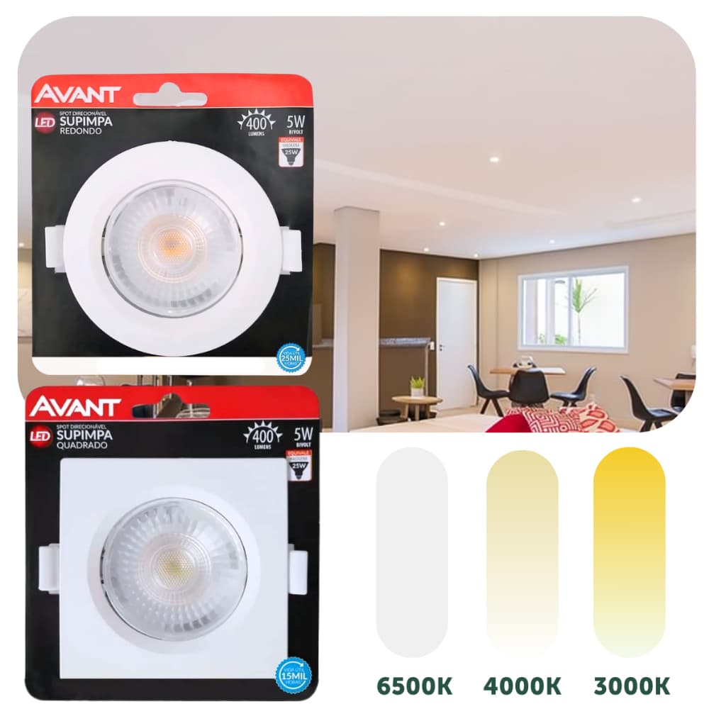 Spot Led Embutir 5w Quadrado/Redondo 9cm Luminária Teto Gesso Sanca Forro Dicroica MR16 Bivolt Avant