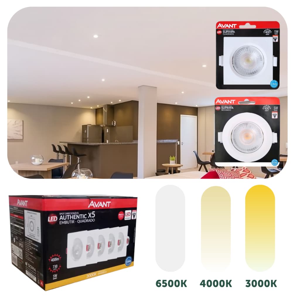 Kit 5 Spot Led Embutir 5w Quadrado/Redondo 9cm Luminária Teto Gesso Sanca Forro Dicroica MR16 Avant