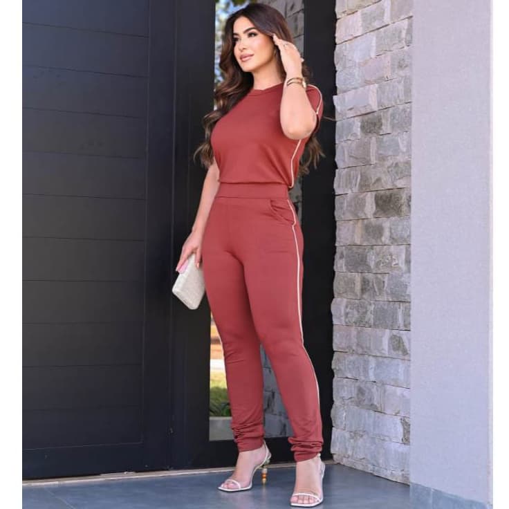 Conjunto Feminino Casual em Moletinho De Algodão Premium com Listras Academia Fitness Sofisticado Roupa Feminina Verão