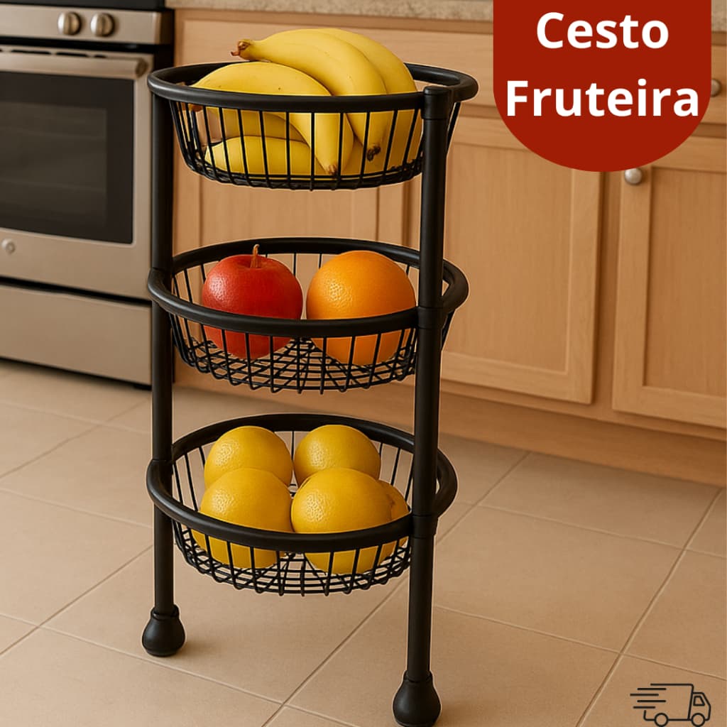 Organizador Cesto Fruteira Multiuso 3 Andares Redondo Preto