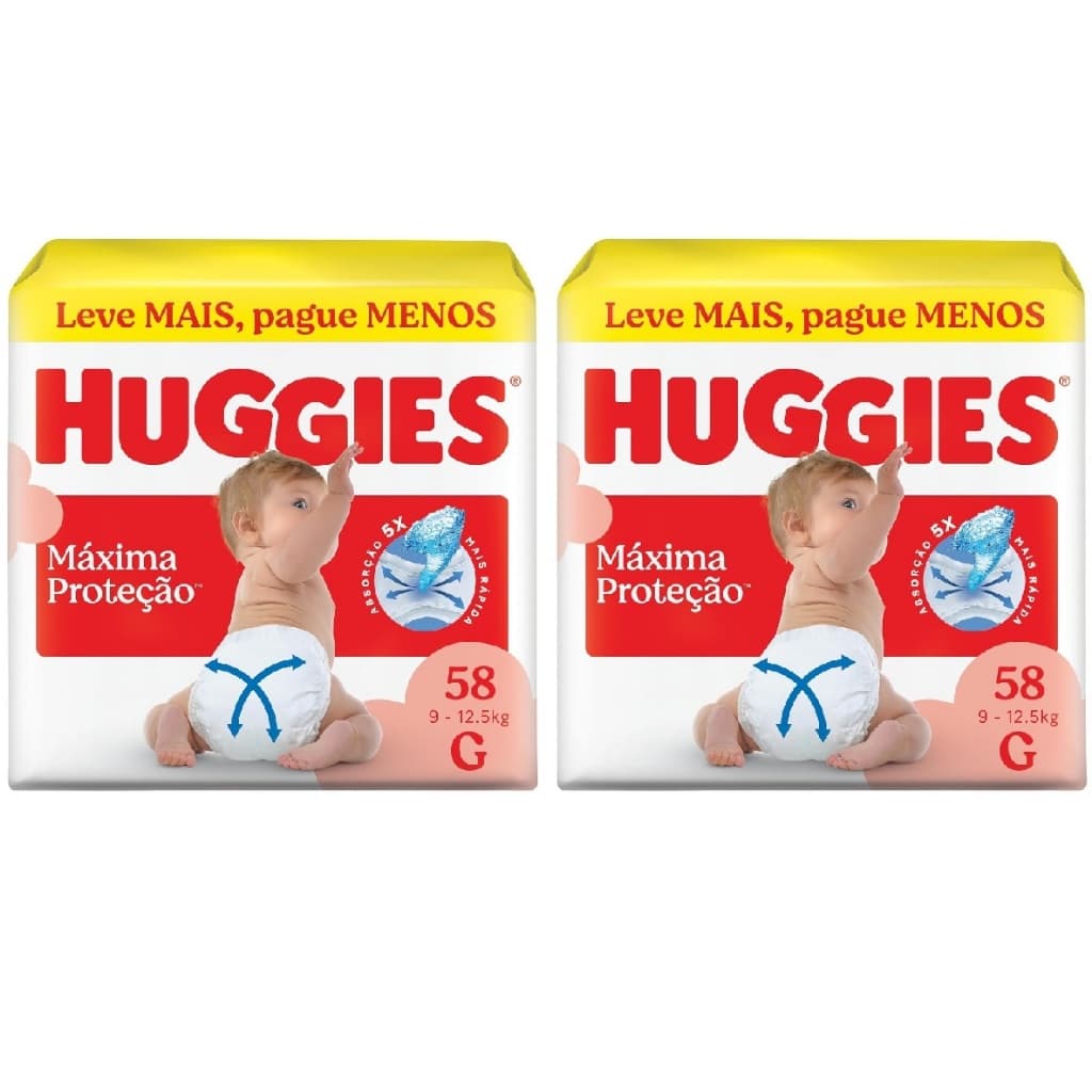 Kit 2ptes Fralda Huggies Máxima Proteção Hiper G - 58un cada - Total 116unidades