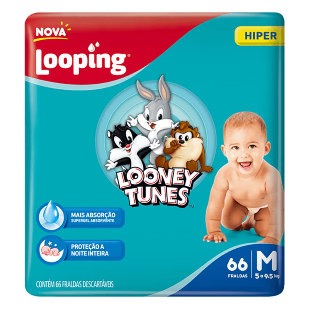 Fralda Descartável Looping Looney Tunes Hiper | Proteção Noturna, Conforto e Absorção