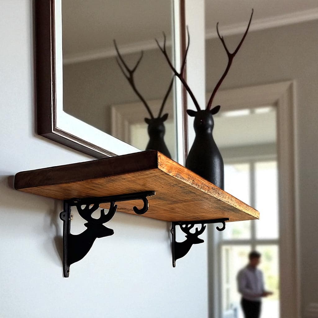 Prateleira De Parede Rústica Madeira Maciça 80x30cm Suporte Alce Em Metal Resistente Estilo Retrô