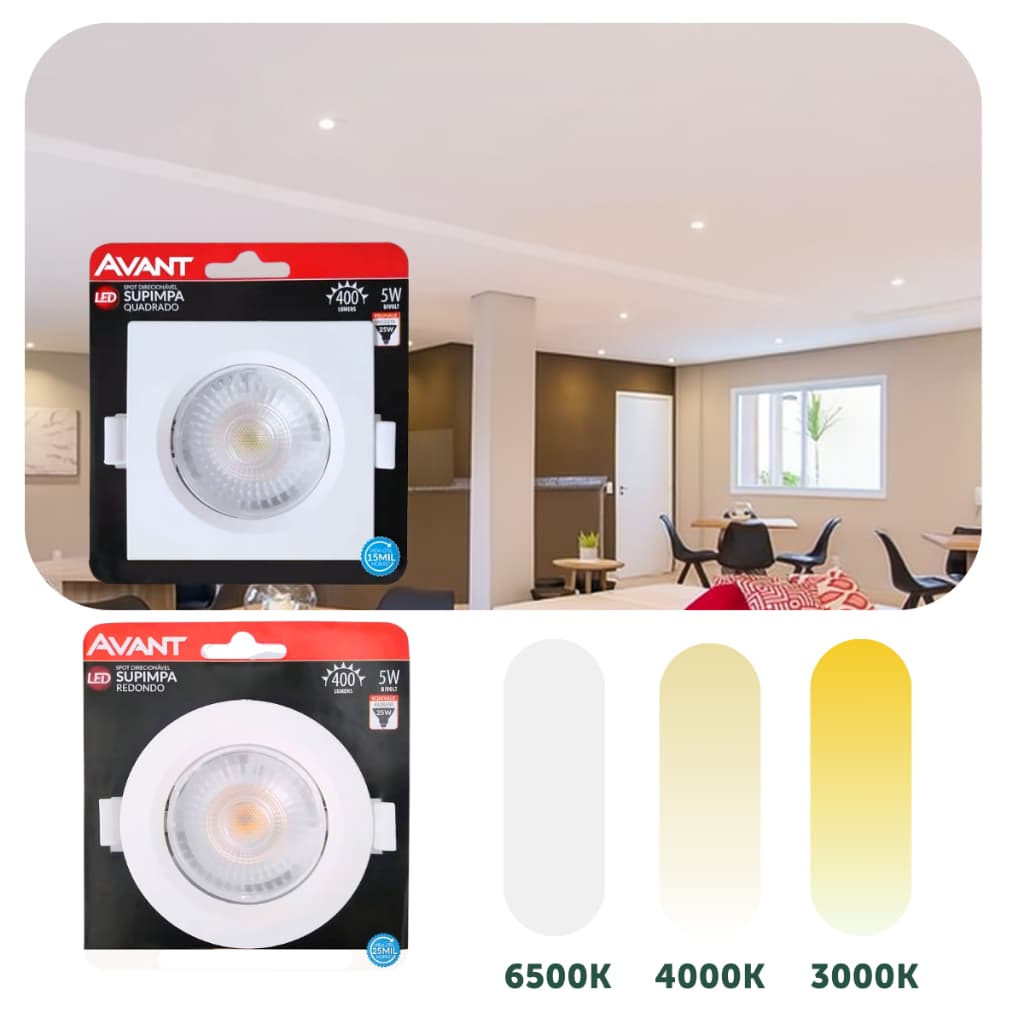 Kit 2 Spot Led Embutir 5w Quadrado Redondo 9cm Luminária Teto Gesso  Forro Dicroica MR16 Avant