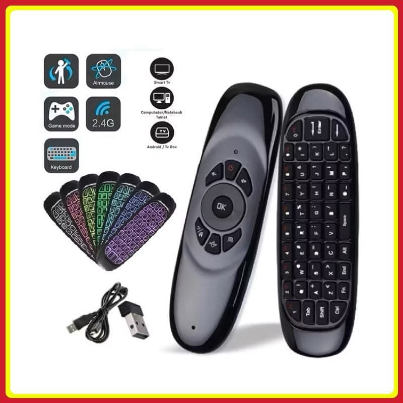 Mini Controle sem fio com Teclado Air Mouse Remote TV ''2.4 GHZ'' Wireles Com Luz Led Universal