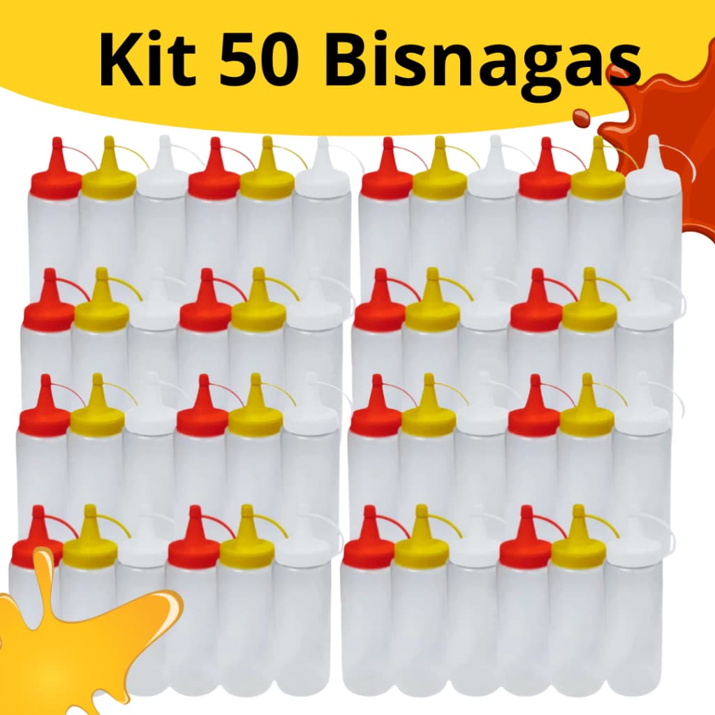 Kit 50 Bisnagas Molho Catchup Maionese Mostarda Bisnaga 200ml Lanchonete Bar Restaurante Plástico