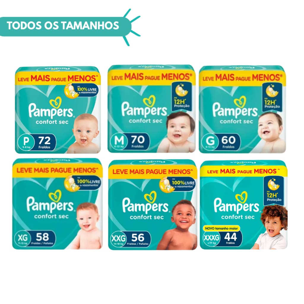Fralda Pampers Confort Sec Bag Hiper Todos os Tamanhos