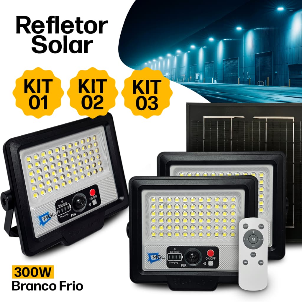 Luminária Refletor Solar LED 300W Prova D’Água Controle Remoto Sensor de Presença 66 Leds