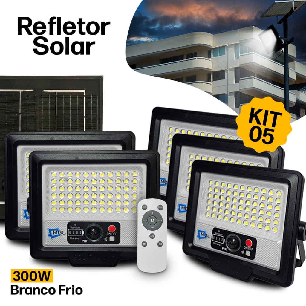Kit 5 Luminária Refletor Solar LED 300W Prova D’Água Controle Remoto Sensor de Presença 66 Leds