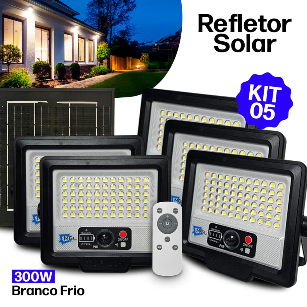 Kit 5 Luminária Refletor Solar LED 300W Prova D’Água Controle Remoto Sensor de Presença 66 Leds