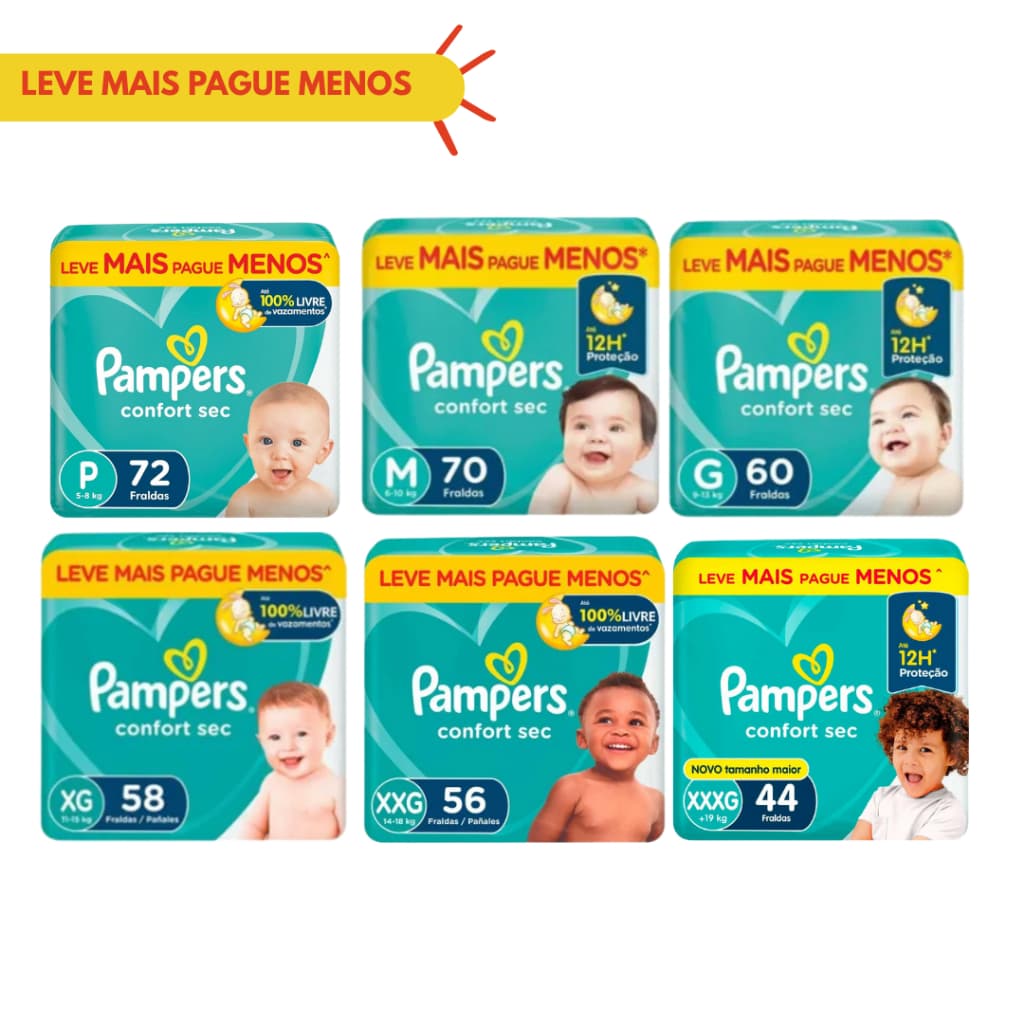 Fralda Pampers Confort Sec Bag Hiper - Até 12h de Proteção - Atacado