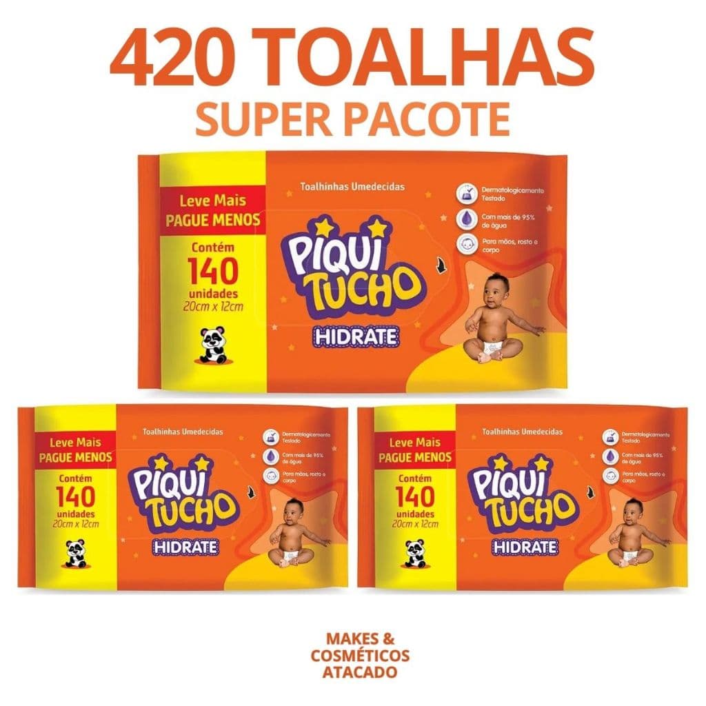 Kit 420 Lenços Umedecidos Alta Qualidade Piquitucho - 3 Pacotes C/140 Toalhas Umedecidas ECONÔMICO