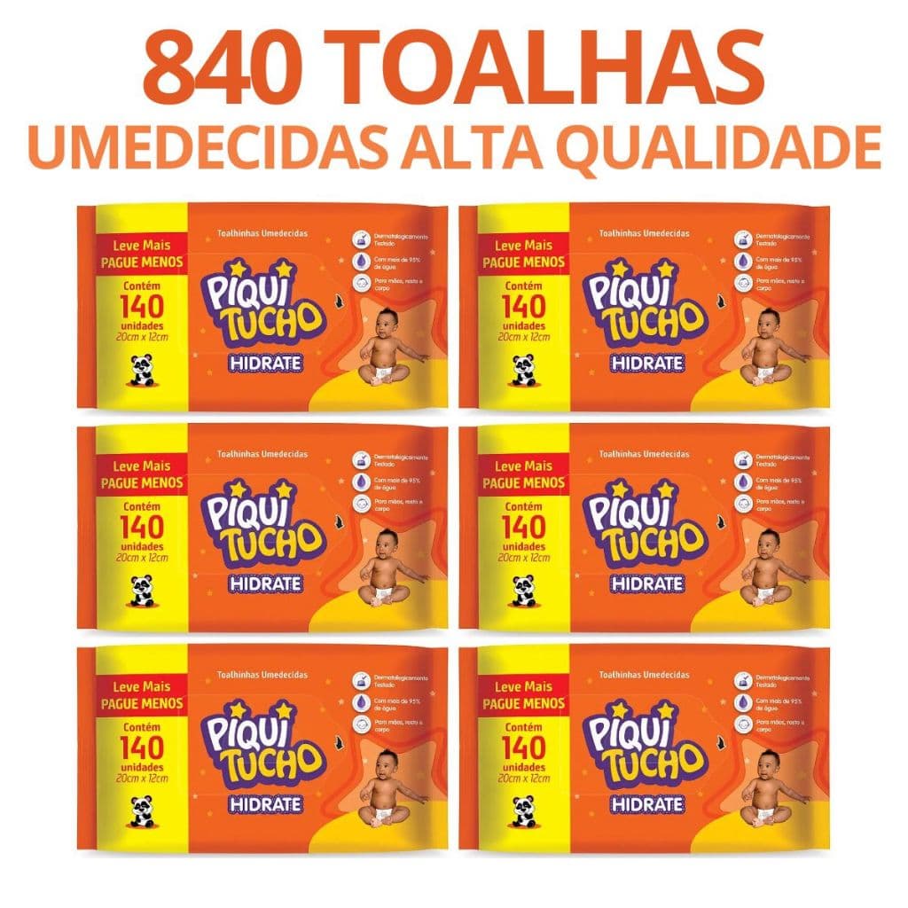 Kit 6x Toalha Umedecida Hidrate Piquitucho C/ 140 Un